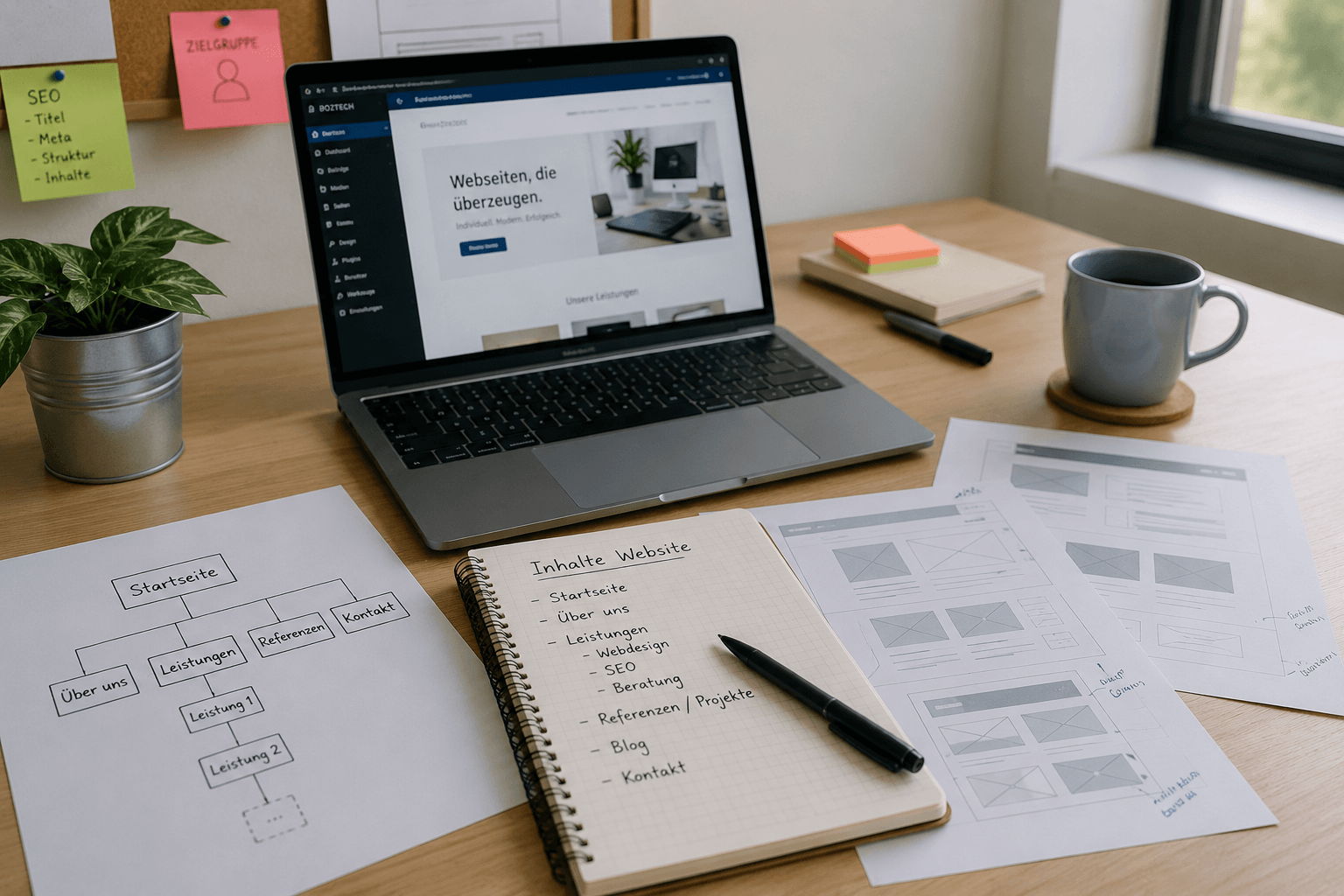 Wireframes und Seitenstruktur auf dem Schreibtisch als Grundlage für UX/UI Design